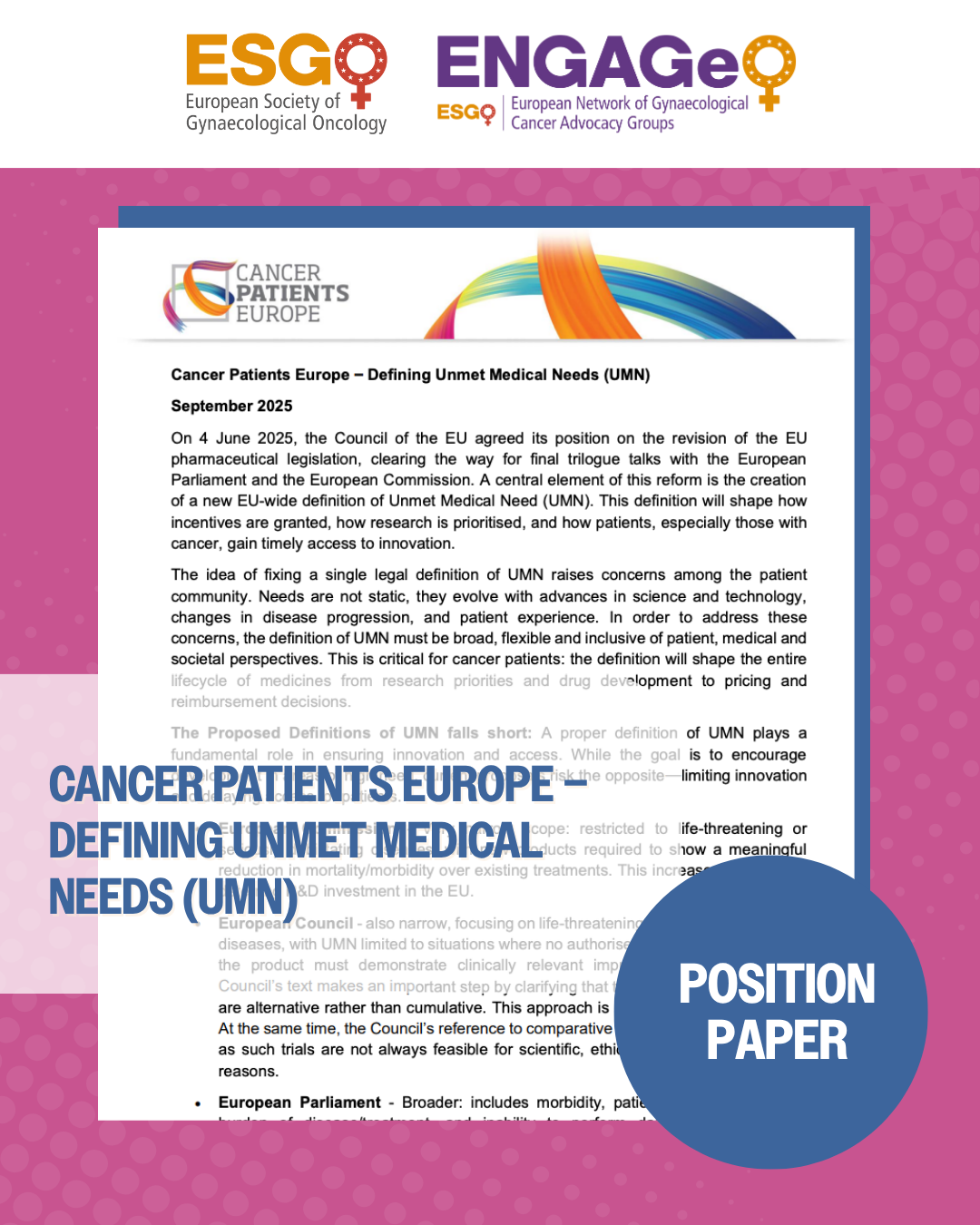 Cancer Patients Europe – Defining Unmet Medical Needs (UMN)