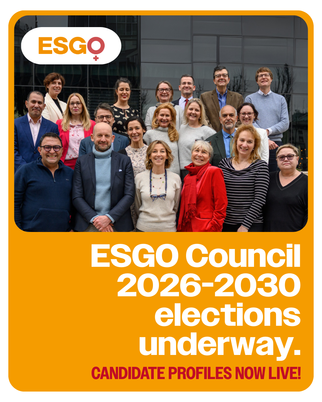 Image of current council and text with ESGO Council elections underway. Candidate profiles now live