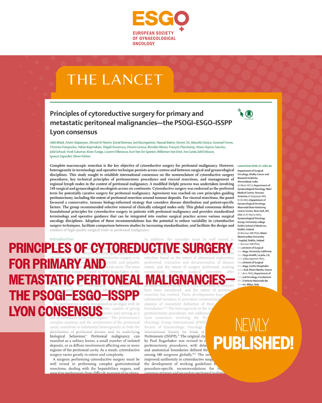 Principles of cytoreductive surgery for primary and metastatic peritoneal malignancies—the PSOGI–ESGO–ISSPP Lyon consensus