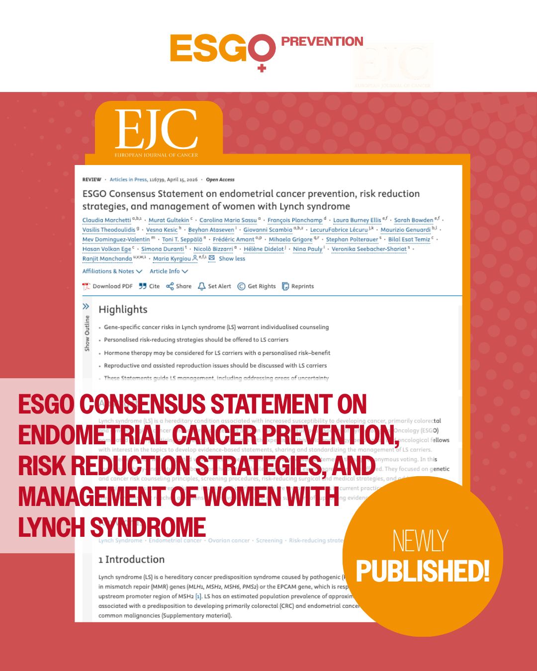 ESGO Consensus Statement on endometrial cancer prevention, risk reduction strategies, and management of women with Lynch syndrome