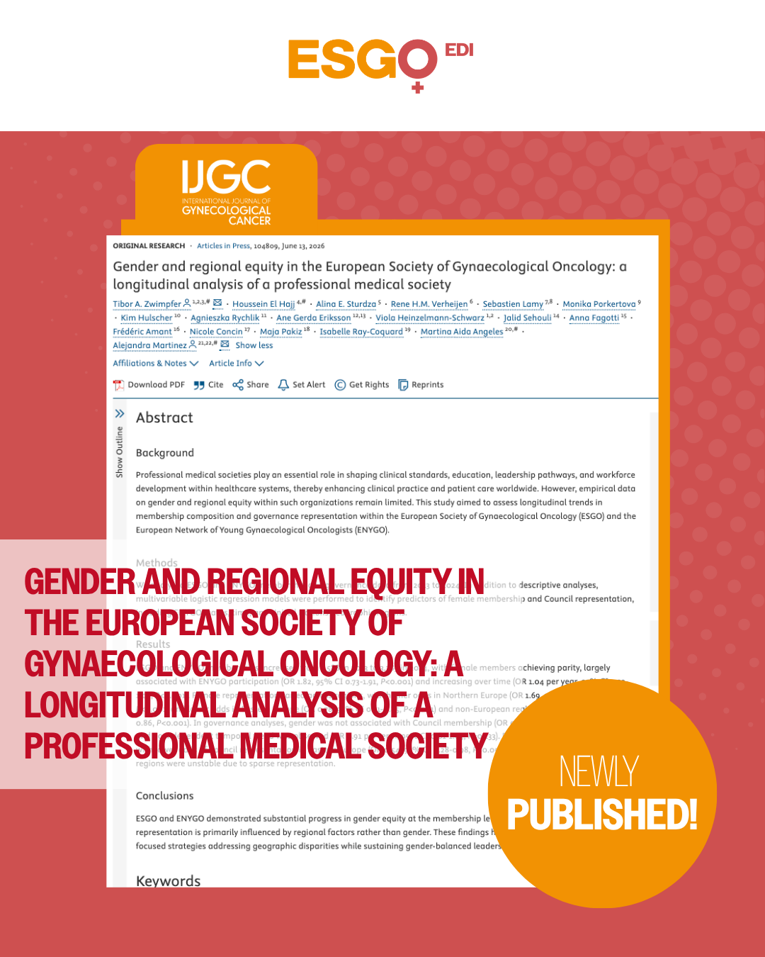 Gender and regional equity in the European Society of Gynaecological Oncology- a longitudinal analysis of a professional medical society